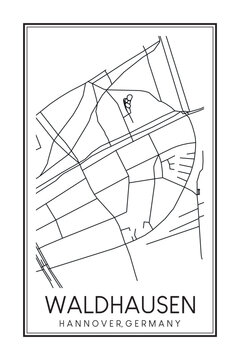 Hand drawn printable downtown road map poster of borough WALDHAUSEN of the German city of HANOVER on solid white background with city name