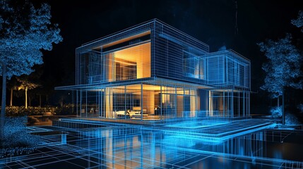 Aufkleber - Modern Home Blueprint Design with Illuminated Interior and Nighttime Exterior Setting