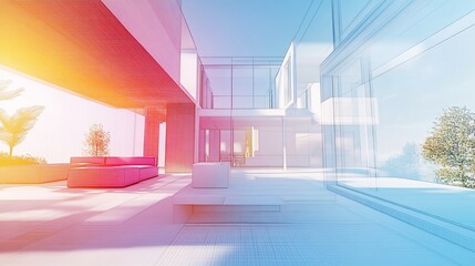 Aufkleber - Architectural rendering of a modern multi-level house with colorful overlay and abstract lines