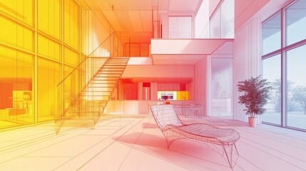 Aufkleber - Modern house wireframe design in vibrant gradient of yellow red and blue colors
