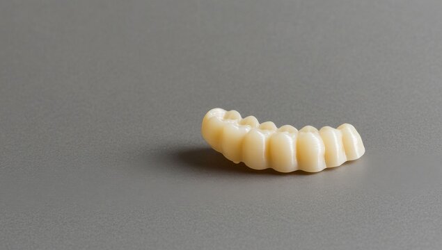 A grey background serves as the setting for a 3D rendering of white artificial teeth, illustrating a dentist concept