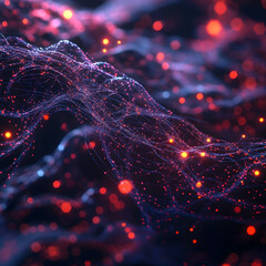 Fototapete - Abstract Tech Connection: An abstract digital landscape of interconnected lines and vibrant glowing dots, evoking a sense of complex data flow, networks, and the digital world.
