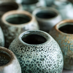 Poster - Artisanal Ceramic Pottery: A close-up view reveals a collection of handcrafted ceramic vessels, showcasing intricate textures and unique patterns.