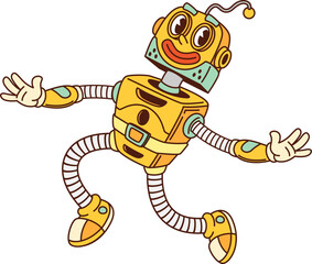 Aufkleber - Cartoon groovy robot and droid character with square body and dials, flexible arms and legs, friendly face with large, expressive eyes is happily jumping, exudes carefree retro futuristic sci fi vibe