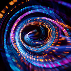 Fototapete - Vivid Digital Vortex: A mesmerizing, artistic rendering of a dynamic data stream spirals inwards, showcasing intricate patterns of light, color, and motion.
