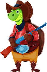 Poster - Cartoon turtle cowboy or sheriff and Wild West animal character, vector Western ranger. Turtle bandit or Texas cowboy and Wild West ranger animal character with rifle gun and cowboy hat