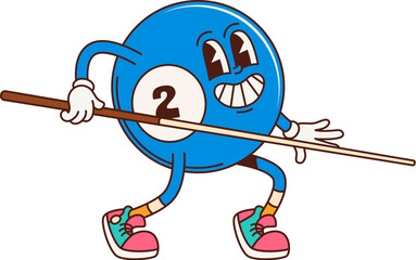Poster - Billiard blue ball with cue sport groovy cute character. Game championship happy funky isolated vector personage, billiard club competition funny hippie character. Sport tournament cheerful mascot