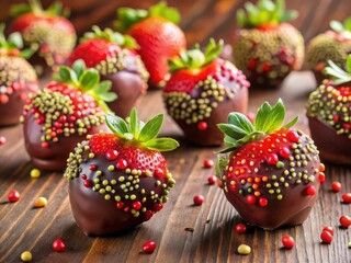 Aufkleber - collection of chocolate truffles topped with strawberry halves and sprinkles.
