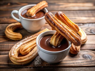 Poster - Two cups filled with chocolate dipping sauce, each containing single churro.