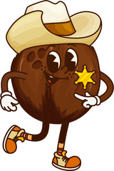 Aufkleber - Cartoon coconut cowboy sheriff character. Vector funny coco nut ranger with wearing ten gallon hat, star badge and retro hippie sneakers. Wild west police hero, tropical plant, western food personage