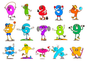 Poster - Math number and symbol groovy characters doing sport exercises and activities. Funny retro mathematics education vector personages playing sport games. Groovy hippie color number or numeral characters
