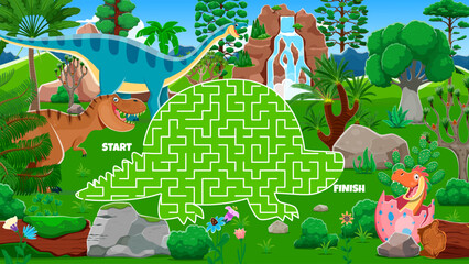 Aufkleber - Kids labyrinth maze game, help to t-rex dinosaur mother find her kid vector worksheet. Dino animal silhouette puzzle quiz with labyrinth maze map, cartoon tyrannosaurus, baby in egg, jungle, waterfall