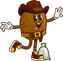 Aufkleber - Cartoon groovy kiwi fruit cowboy, ranger and bandit character. Vector adventurous tropical fruit robber y2k personage with hat and money sack. Wild west hero, Western healthy food robbed the bank