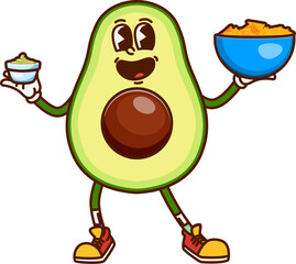 Aufkleber - Cartoon groovy avocado character with a big smile holds a bowl of nachos in one hand and a cup of guacamole in the other, exudes fun, playful and friendly vibe for Mexican food and healthy eating
