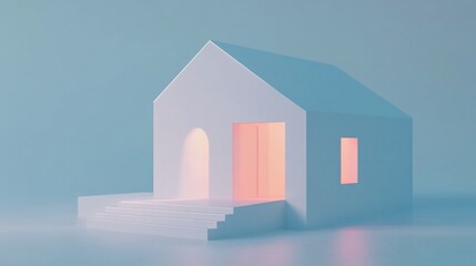 Poster - Minimalist 3D render of a simple house with soft pink lighting on a light blue background