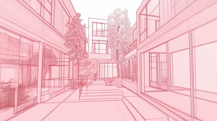 Aufkleber - Architectural drawing of a modern building complex with trees and outdoor spaces outlined in red