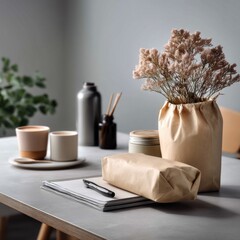 Aufkleber - A minimalist workspace features sustainable packaging items alongside organic decor, creating a calm atmosphere. Warm coffee cups and delicate flowers add charm to the scene