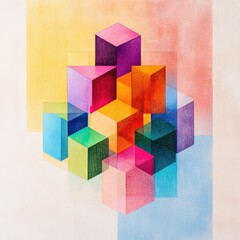 Poster - Abstract Colorful Geometric Cubes Composition With Pastel Background