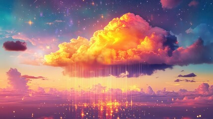 Poster - Abstract glowing cloud releasing rain over a night sky scattered with stars