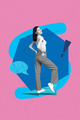 Poster - Creative template collage of person posing paper plane with comments on pink background