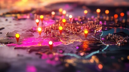 Poster - Zoomed-in city spots on a colorful pixelated country map with glowing markers