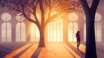 Poster - Person walking through a serene park at sunset with a tree in a room creating a unique contrast