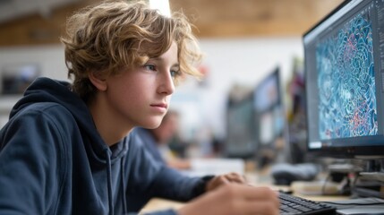 Aufkleber - A focused teenager sits in a bright, collaborative environment, coding an AI art project on a computer. Creative energy fills the air as technology and artistry blend seamlessly