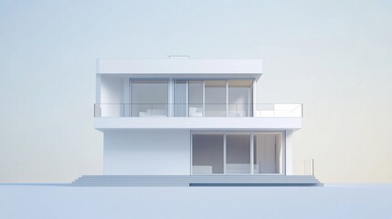 Poster - modern minimalist white two story house with glass windows and a balcony and steps in front