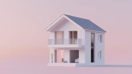 Poster - Modern two-story house with a balcony on a light pink background showcasing architectural design
