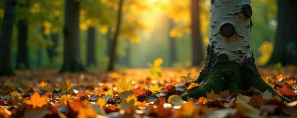 Wall Mural - forest floor with birch tree trunk and leaves, bokeh, deciduous trees
