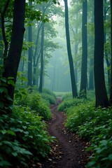 Wall Mural - forest trail winding through dense vegetation, misty atmosphere, woodland