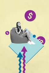Aufkleber - Pop poster collage of person sit think write planner with arrows increase dollars over yellow background