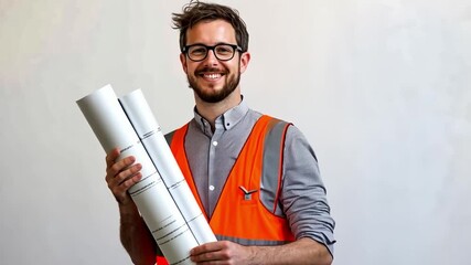 Aufkleber - The smiling architect showcases rolled-up plans. His attire combines functionality and style, making it perfect for any design project. A modern touch for creative professionals. AI
