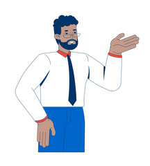 Poster - African american businessman in presentation gesture 2D cartoon character. Glasses bearded male professional presenter explaining flat vector person isolated on white. Spot illustration colorful