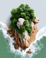 Poster - Lush green island with clear turquoise waves rolling in, captured from above at sunset, golden hues in water and sky, high-resolution exotic escape shot