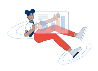 Poster - black female professional floating with dashboard 2d cartoon character. african american woman analy