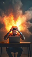 Poster - Stressed businessman experiencing intense burnout while sitting at workplace, mental pressure visualized through surreal head explosion representing overwhelming professional challenges