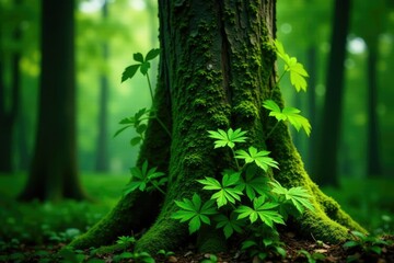 Wall Mural - leafy greens and ferns growing on a tree trunk, trees, plant growth