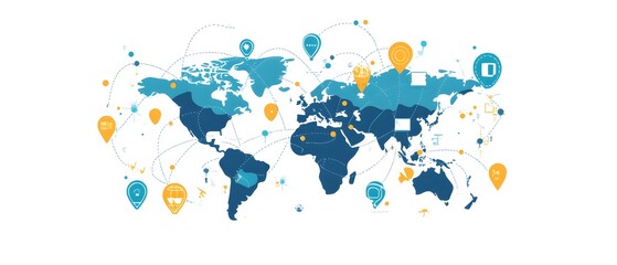 Poster - A modern world map illustration featuring various location markers and connecting lines. Perfect for global communication, travel planning, or digital applications.