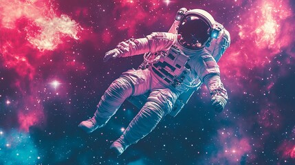 Wall Mural - astronaut floats in colorful nebula, stars sparkling in the background. space exploration is fascina