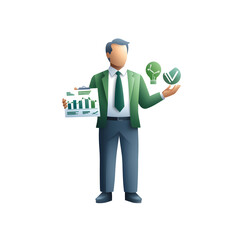 Poster - A professional in a suit and tie holding a tablet device with financial charts and graphs while also holding a plant indicating a focus on both business growth and environmental sustainability