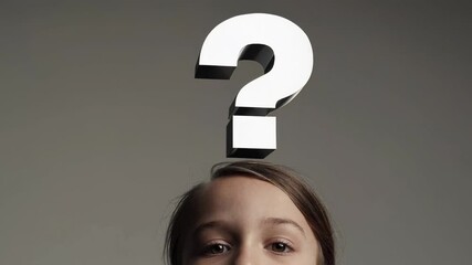 Aufkleber - Young girl surrounded by floating question marks, symbolizing mental process of curiosity, uncertainty, and decision making process with puzzling inner exploration of childhood thinking