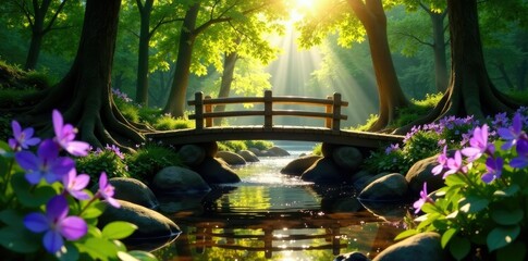 Wall Mural - sparkling sunlight filters through forest foliage on the gentle stream, leaves, wooden bridge, purpl