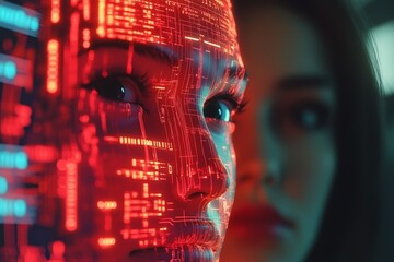 Abstract digital art reinterprets the portrait of a hacker student, incorporating radiant data patterns, vivid neon tones, and futuristic facial features