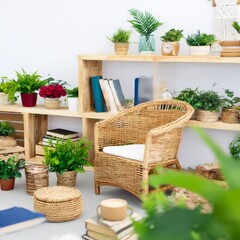 Poster - Cozy Indoor Garden Nook: Wicker Chair, Wooden Shelves with Books and Plants, Creating a Relaxing and Natural Atmosphere