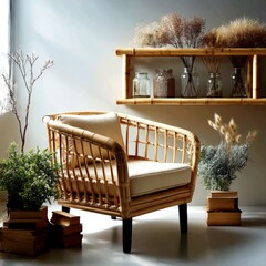 Poster - Cozy Rattan Armchair in a Boho Chic Interior with Dried Flowers, Jars, and Stacked Books creating a Warm and Inviting Space