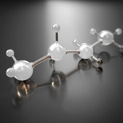 Poster - Molecular Structure Visualization: A Detailed 3D Rendering of a Clear Glass and Metal Molecule on a Reflective Surface