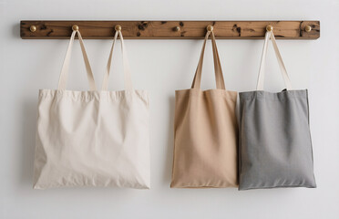 Aufkleber - three reusable cloth bags hang on a wooden rack. the bags are different colors: white, beige, and gr