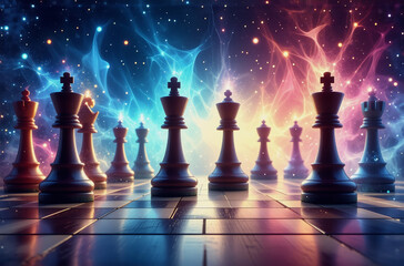 Poster - Chess pieces stand on a board before a cosmic, nebula-like backdrop.  The scene evokes a sense of strategy and the vastness of the universe.