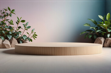 Poster - Wooden podium stage for product display. Natural setting with plants and rocks, soft gradient backdrop, ideal for showcasing items in a gentle environment.